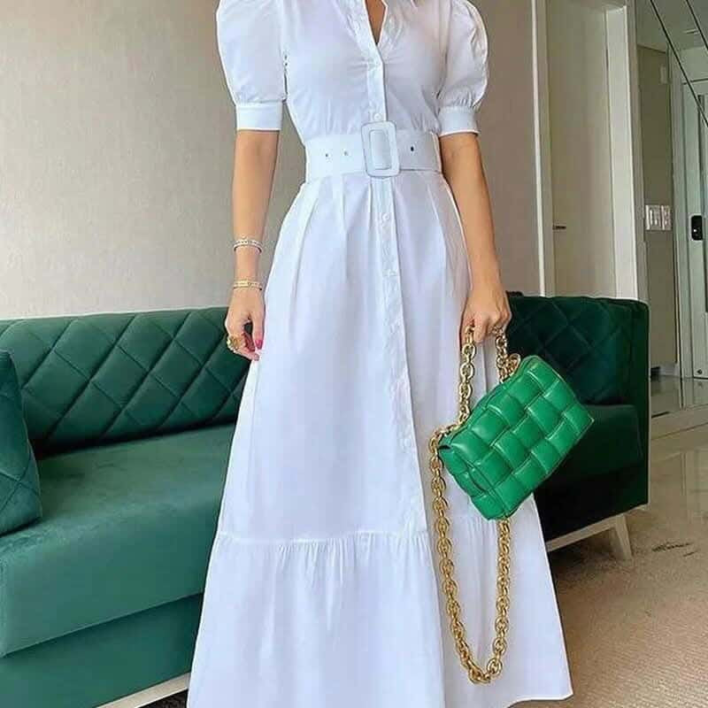Vestido largo con cinto manga corta